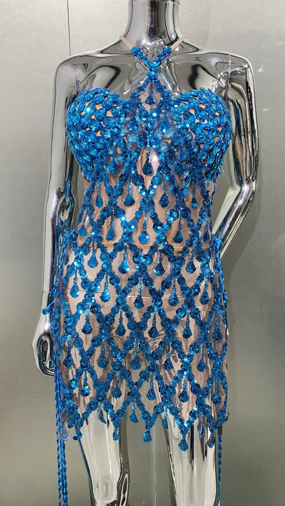 Blue Sequins Shining Diamonds Long Tassel Sleeveless Mini Dress 2 Pieces Birthday Party Outfit Performances Costume