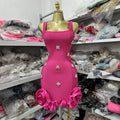 Spliced Diamonds Flower Bandage Mini Dress For Women Solid Color Sleeveless Bodycon Party Dresses Female Rose Red
