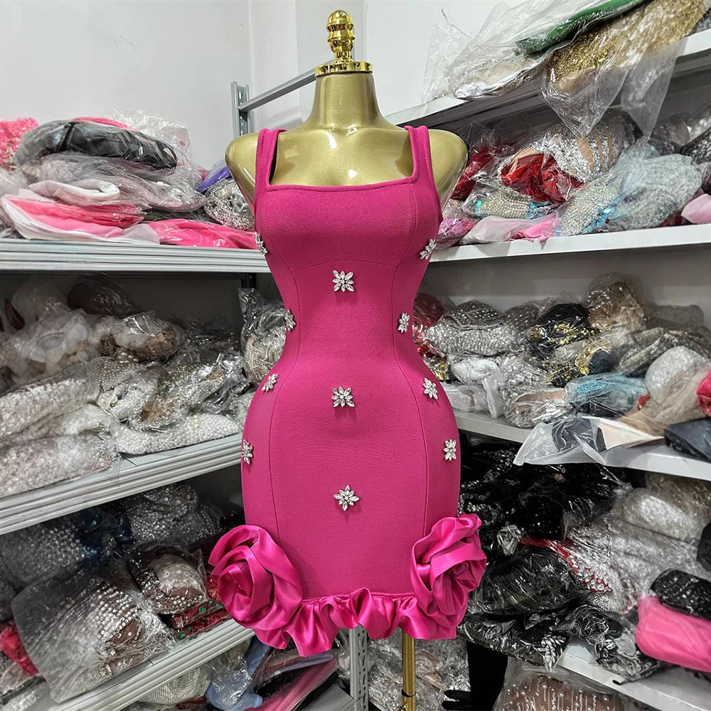 Spliced Diamonds Flower Bandage Mini Dress For Women Solid Color Sleeveless Bodycon Party Dresses Female Rose Red