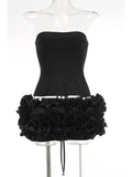 Sexy Women'S Floral Mini Skirt Set Strapless Sleeveless Fishbone Backless Drawstring Vest+Mini Skirt Two-Piece Set black