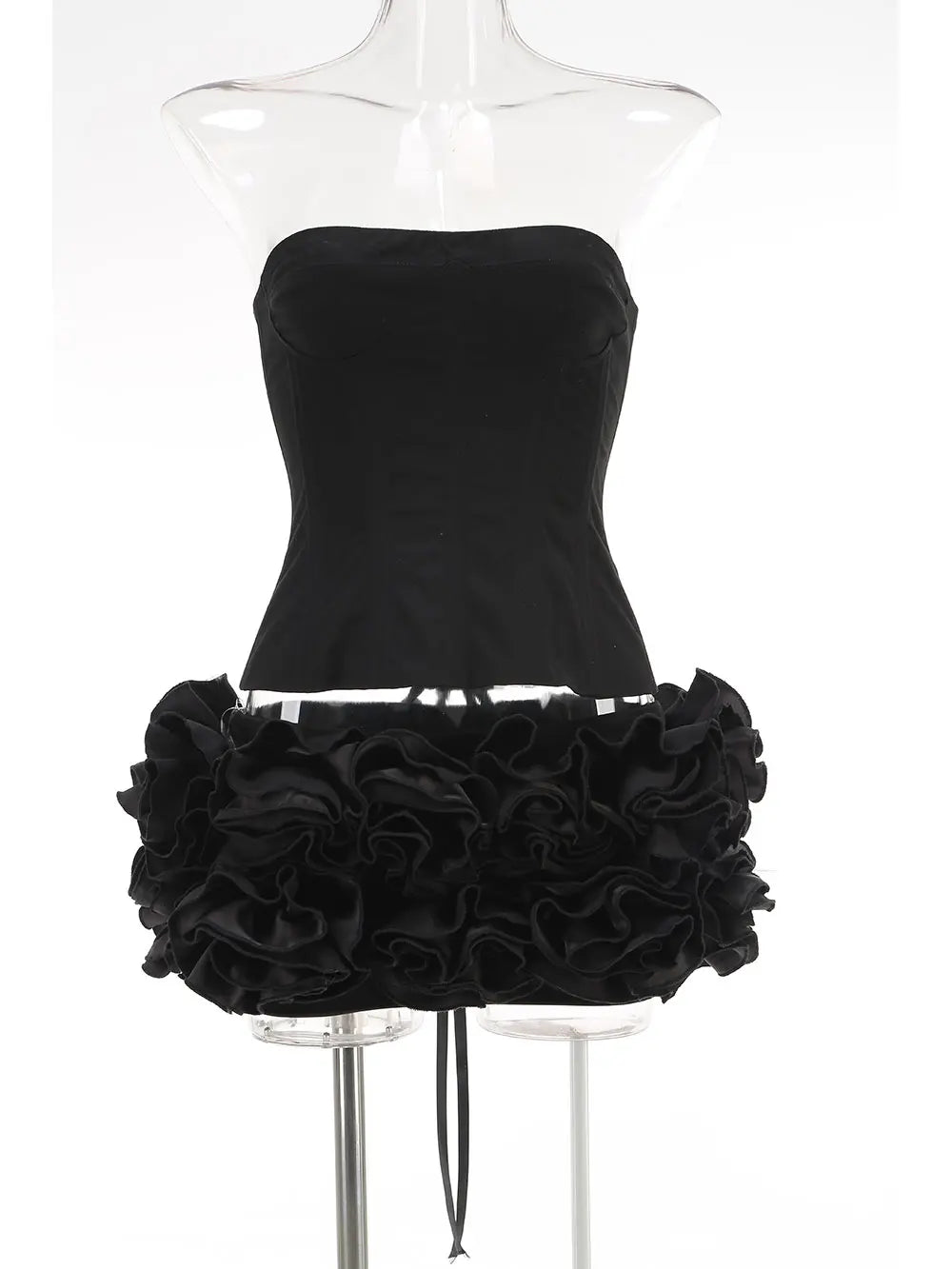 Sexy Women'S Floral Mini Skirt Set Strapless Sleeveless Fishbone Backless Drawstring Vest+Mini Skirt Two-Piece Set black