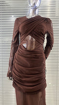 Chocolate Color Sexy See Through Mesh Sheath Ankle Length Dress Fashion Woman Evening Party Dress Holiday Vacation Outfit