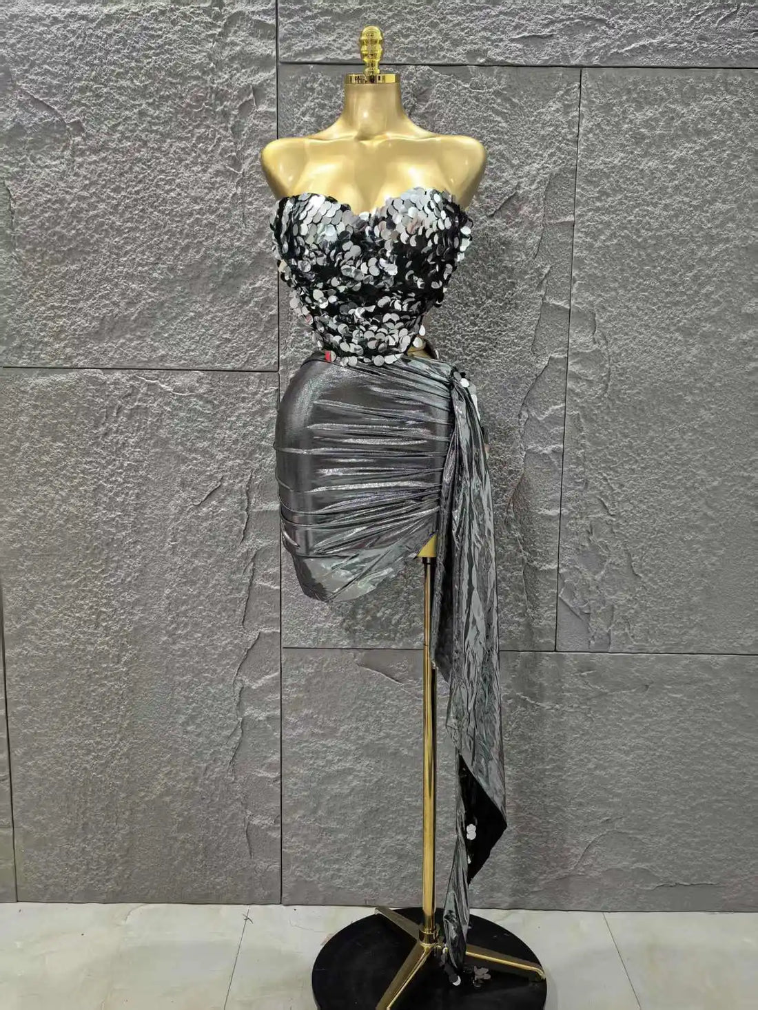 Women Sexy Shinning Sequins Strapless 2 Pieces Bodycon Mini Dress Nightclub Party Performance Costume Birthday Outfit