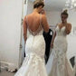 Sexy tiefe V-Ausschnitt Hochzeitskleid Spaghetti-Träger Spitzen Applikationen Strand Meerjungfrau Braut Kleid Rückenless Zug Vestido de Novia