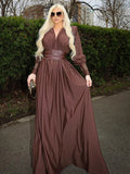 Spring Fashion Dresses For Women Plunging V Neck High Waist Belt Long Sleeves Wedding Party Dress Brown Gowns
