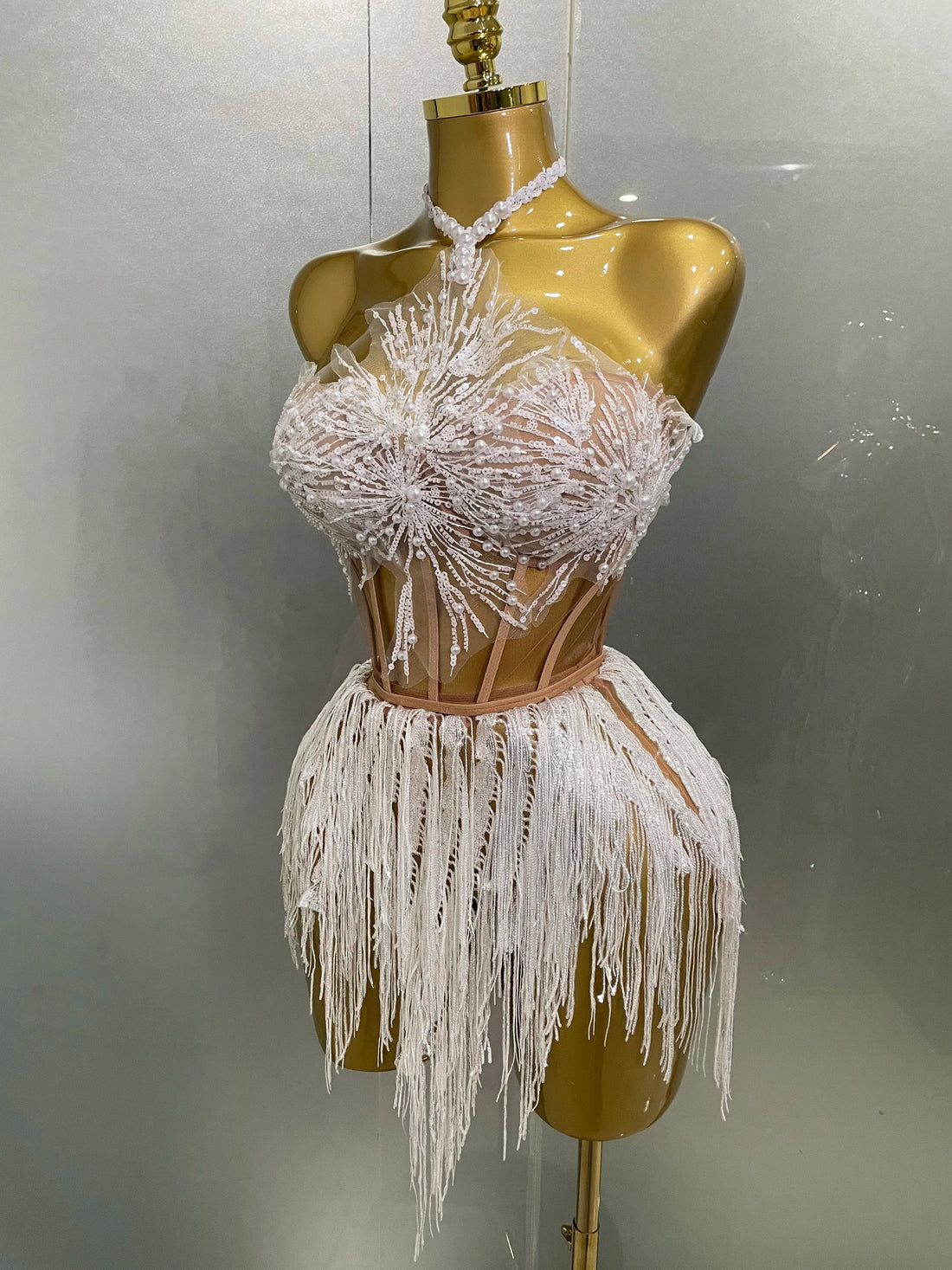 Sexy Pearl Sequins Tassel Sleeveless Glitter Mini Dress Women Singer Bar Nightclub Stage Performance Clothing Show Outfit Ivory