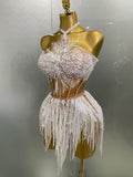 Sexy Pearl Sequins Tassel Sleeveless Glitter Mini Dress Women Singer Bar Nightclub Stage Performance Clothing Show Outfit
