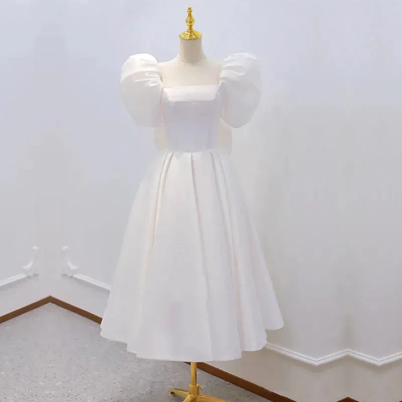 Elegant Prom Evening Guest White Midi Dresses For Women Summer Sexy Puff Sleeve Long Party vestido madrinha de casamento White