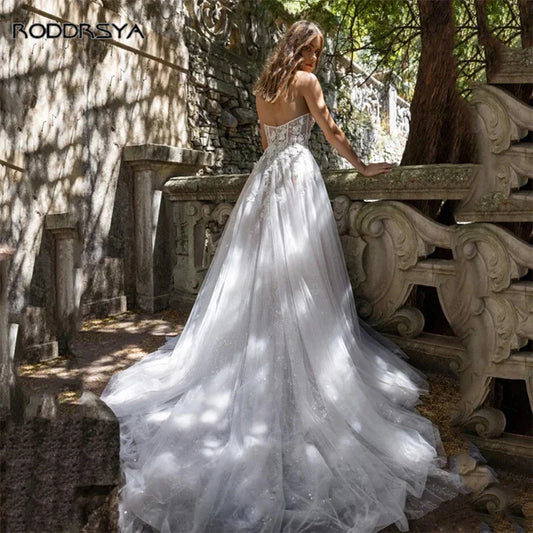 Księżniczka A-line koronkowe aplikacje na plażę sukienki ślubne Sweetheart Slevela Bridal Suknia Seksowna Vestidos de Noiva Mariage