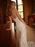 Pearls Embellished Mermaid Long Dres Spagetiee Straps Side Split Lace Appliques Sleeveless Party Evening Bridal Wedding Gown