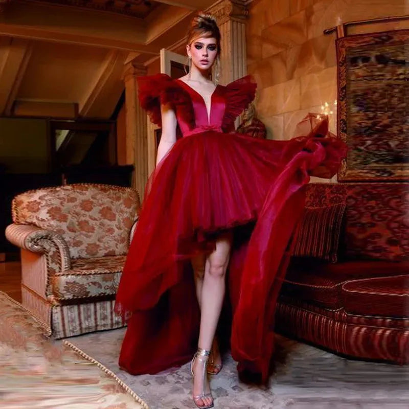 Pretty V Neck High Low Red Prom Dresses Women Formal Gown Dark Red Tulle Long Party Night Wear Birthday Dress Custom Made Red