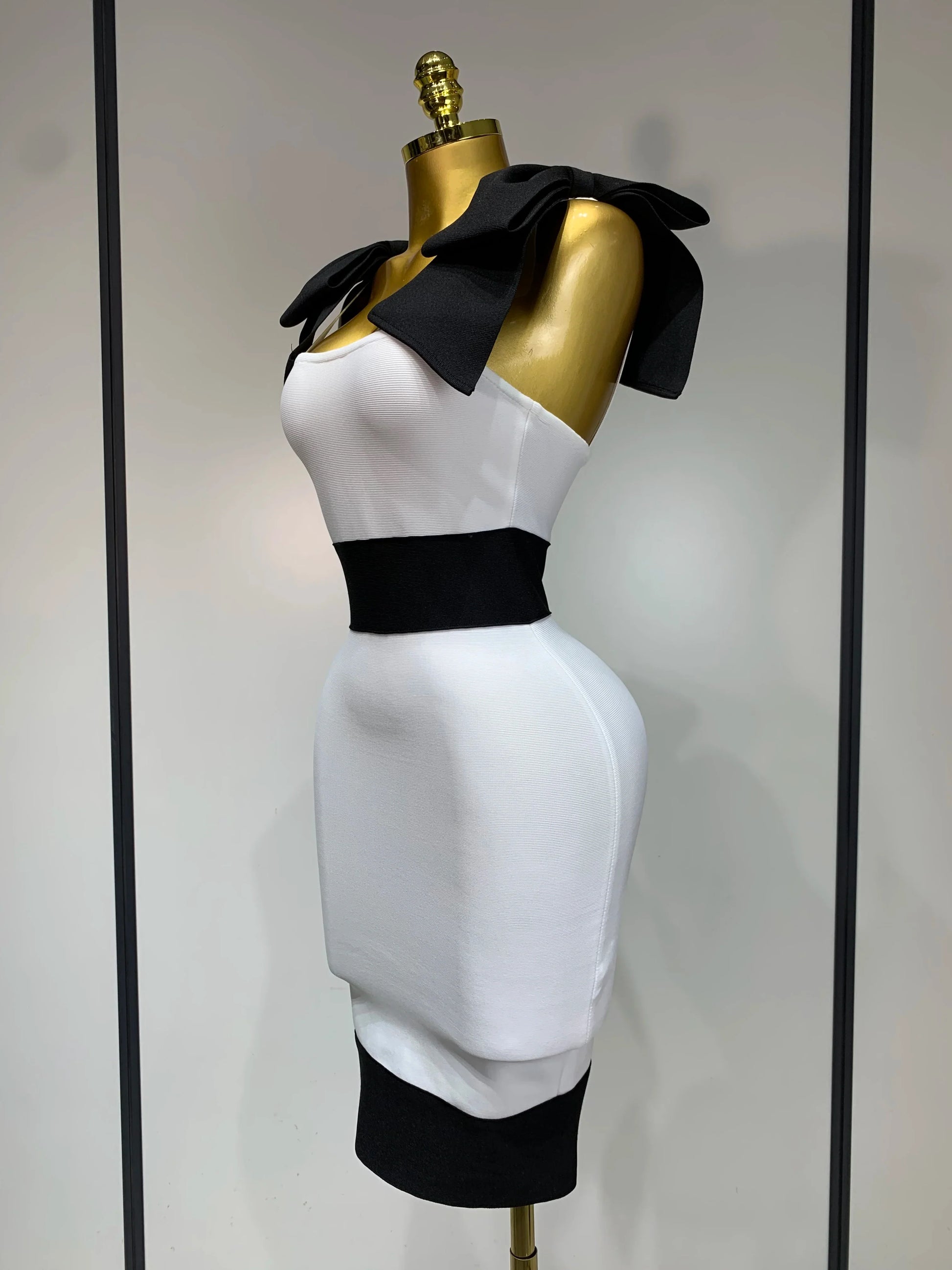 Women Sexy Bow Tie Black White Patchwork Bodycon Bandage Dress Celebrity Elegant Evening Club Party Birthday Dresses