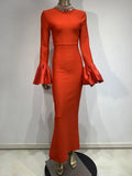 Women's Light Luxury Beaded Elegant Bandage Dress Stand Collar Horn Sleeve Bodycon Long Dresses Evening Club Party Vestidos Red