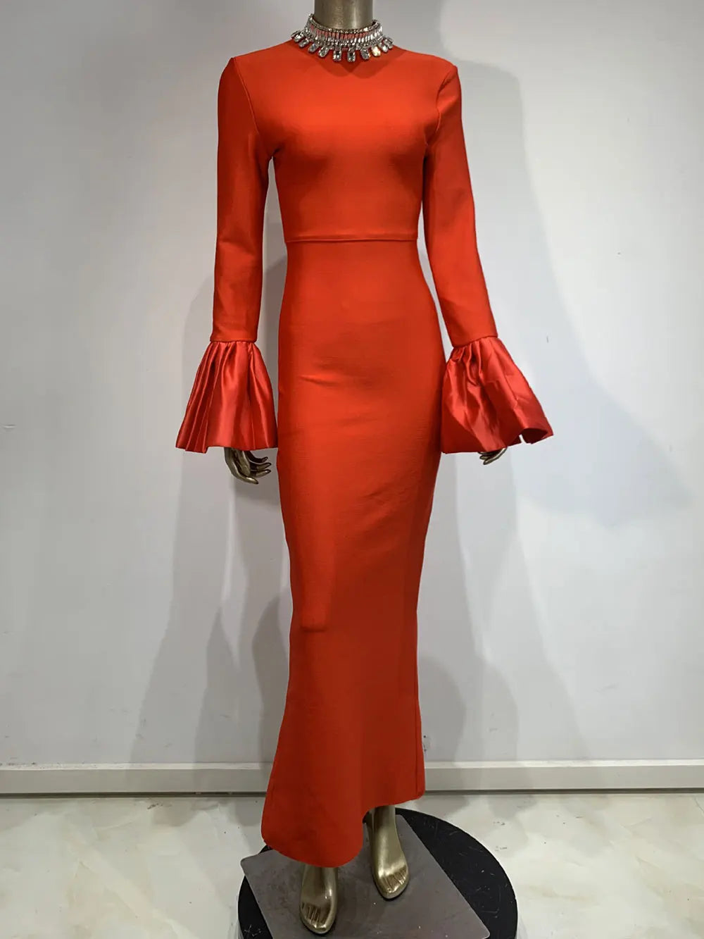 Women's Light Luxury Beaded Elegant Bandage Dress Stand Collar Horn Sleeve Bodycon Long Dresses Evening Club Party Vestidos Red