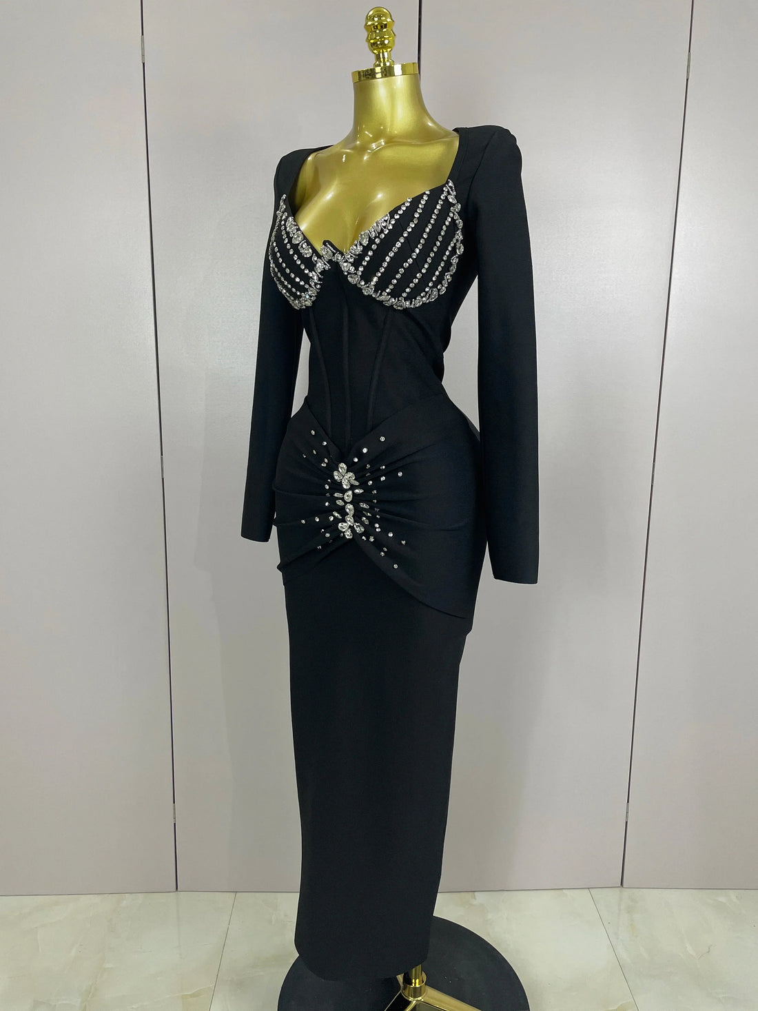Sexy Luxury Sparkly Beading Bandage Long Sleeve Bodycon Dress Women Celebrity Party Elegant Evening Club Pary Dresses black