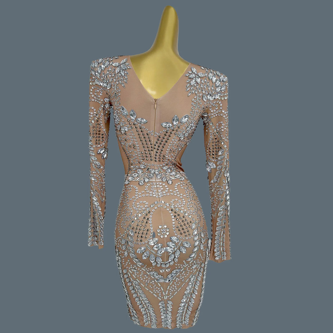 Sparkly Silver Big Rhinestone Sheer Mesh Evening Dress Birthday Celebrate Party Luxurious Costume fof Women Prom Dress Liushu Silver