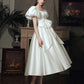 White Satin Wedding Dresses for Bride Elegant Puff Sleeve Retro Hepburn Palace Princess Dress Summer Women Long Formal Dress