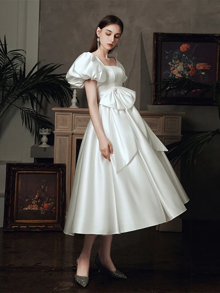 Gaun pengantin satin putih untuk pengantin elegan puff lengan retro retro hepburn istana putri gaun wanita musim panas gaun formal panjang