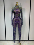 Women Sparkly Rhinestones Mesh Bodycon Jumpsuit Singer Stage Performance Dance Costume Nightclub Party Luxury Birthday Outfit MULTI