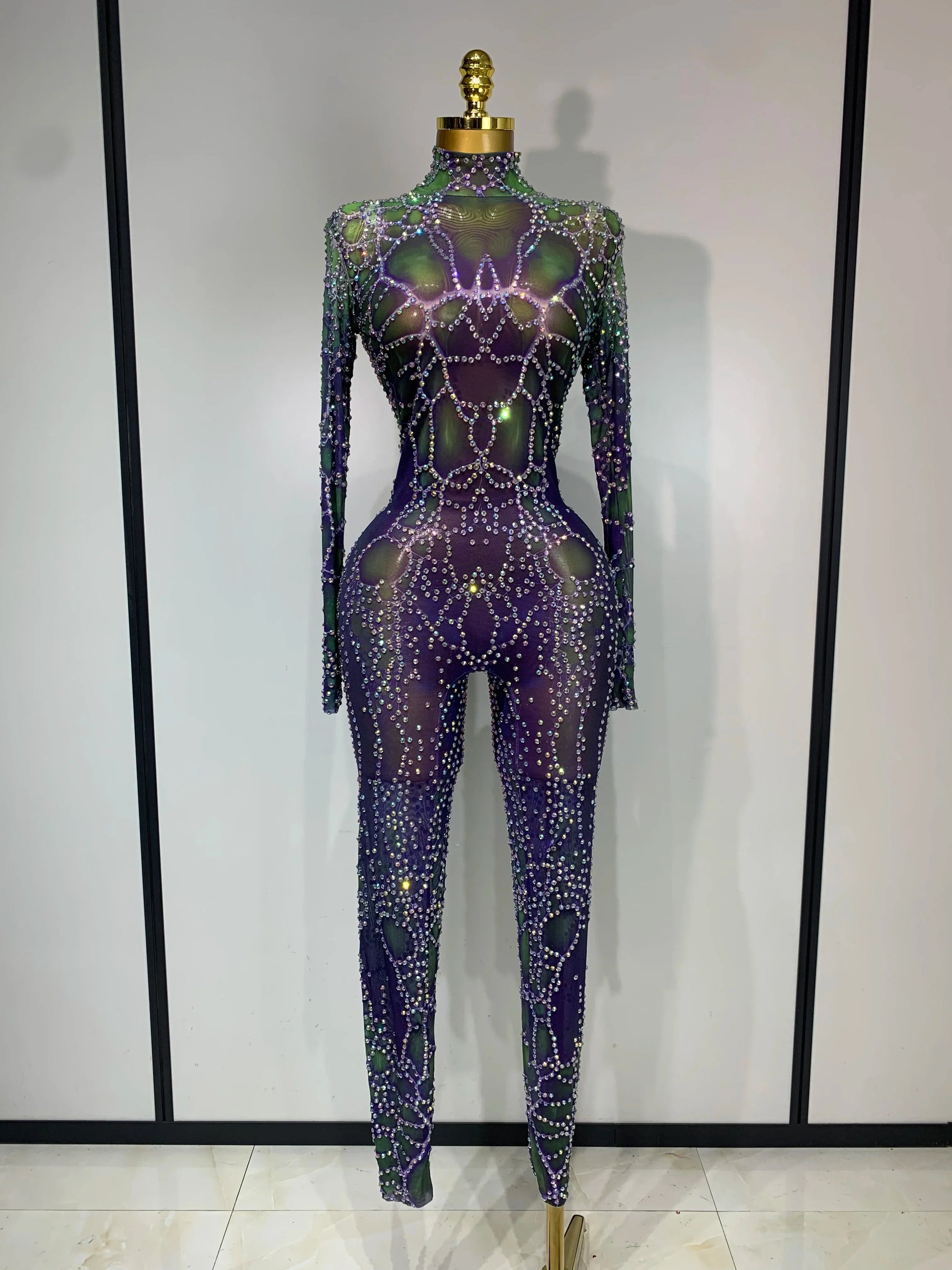 Women Sparkly Rhinestones Mesh Bodycon Jumpsuit Singer Stage Performance Dance Costume Nightclub Party Luxury Birthday Outfit MULTI