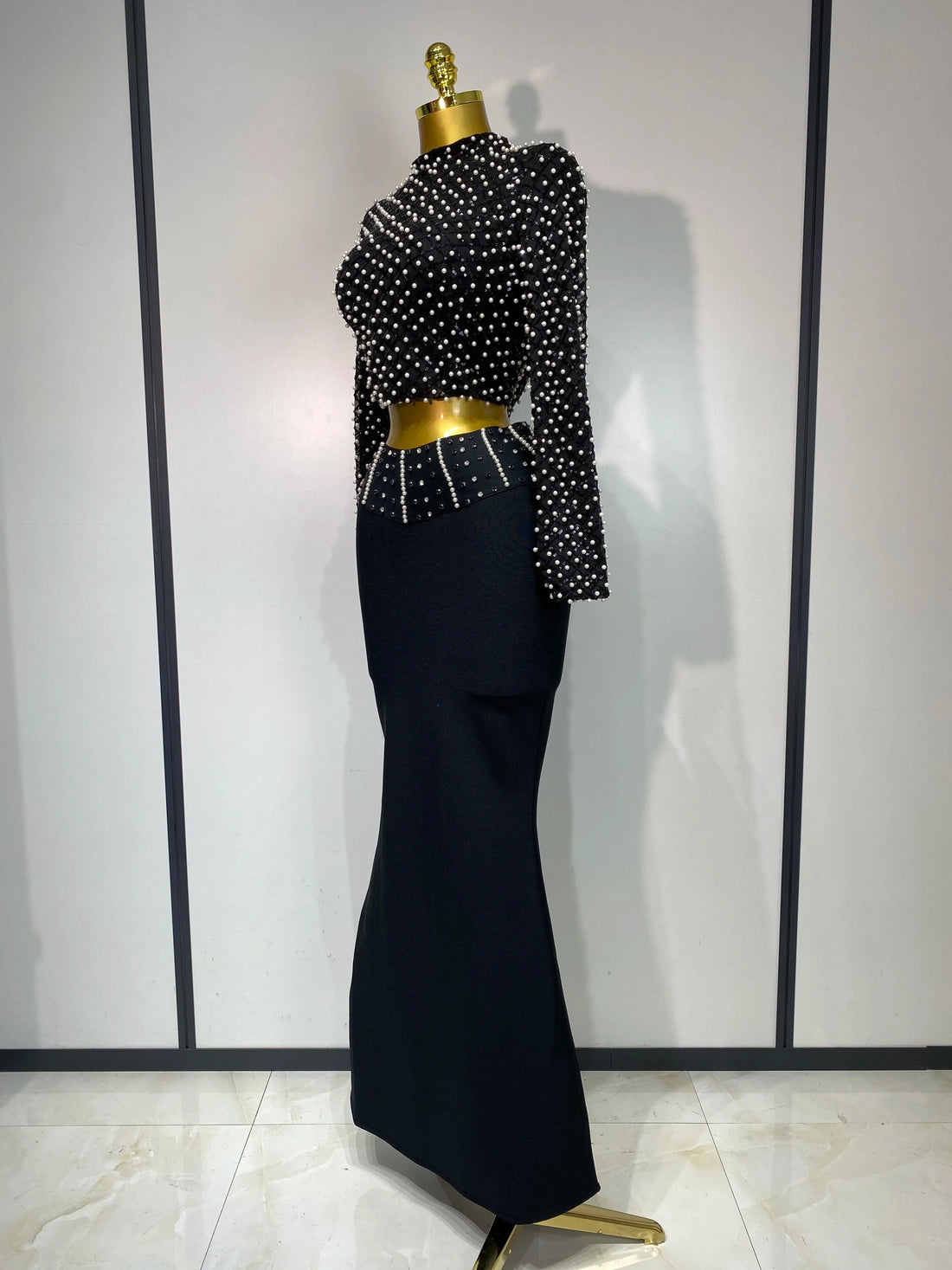 Women Long Sleeve Black Mesh Studded Dianonds Crystal Pearl Two Pieces Bandage Set Celebrity Sexy Evening Party Birthday Gown black