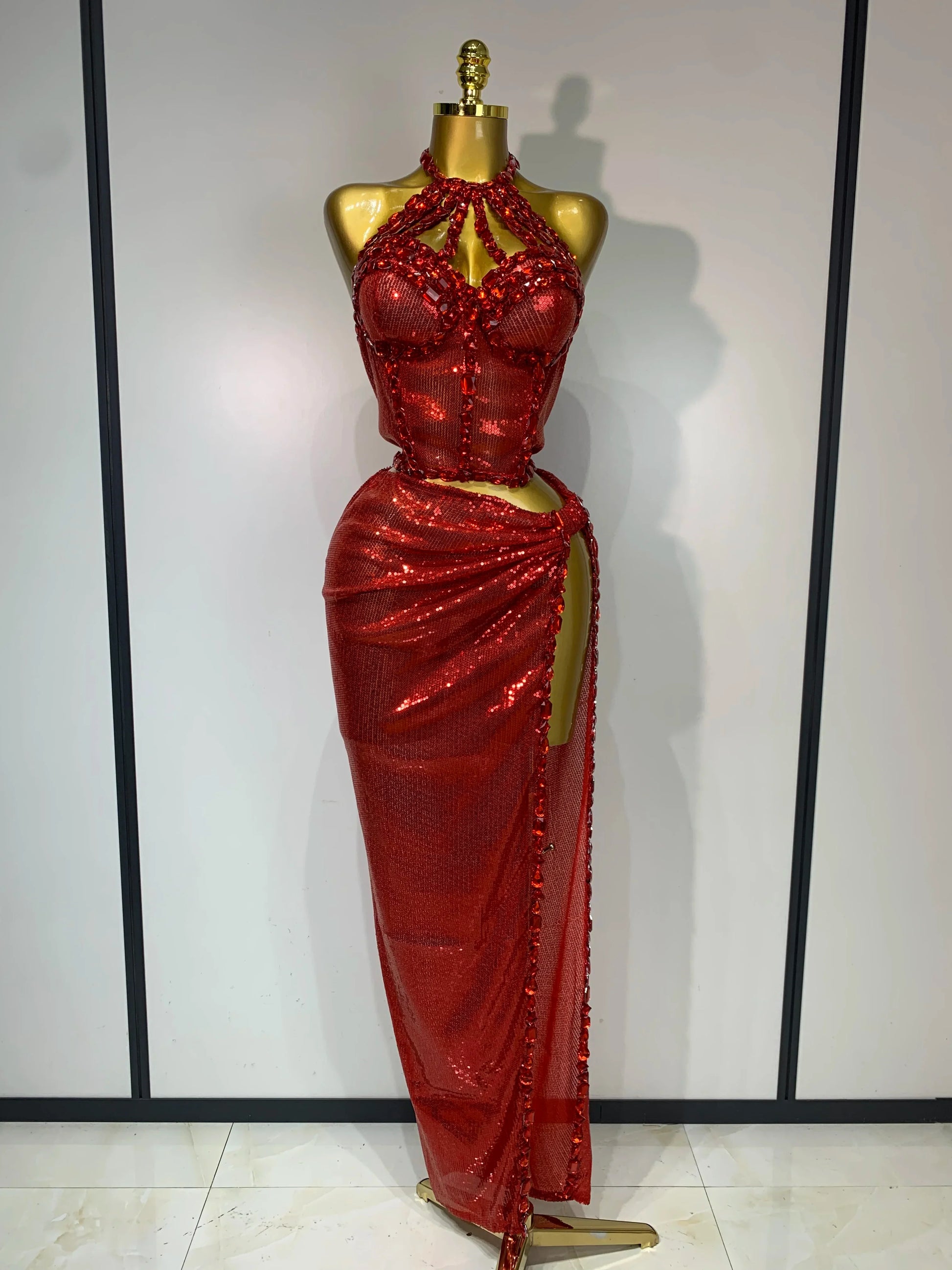 Women Sparkly Gold Rhinestones Top Long Skirt Two Pieces Set Singer Dancer Performance Costume Nightclub Luxury Birthday Dress Red