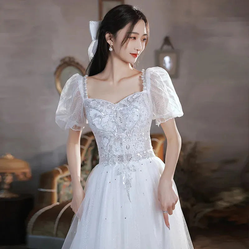 French Luxury White Satin Sequin Wedding Dresses For Bride Elegant Sexy Slim Puff Sleeve Long Prom Party Dress Women Vestidos White Floor length | cn