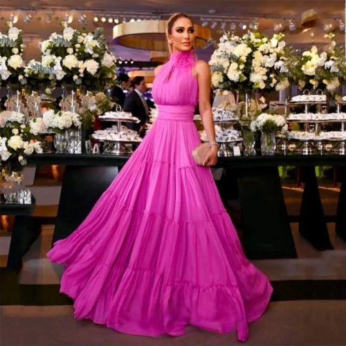 Hot Pink Satin Pleated Prom Dress Halter Neck  فساتين مناسبة رسمية Elegant High Quality Vestidos De Noche