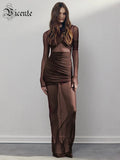 Mesh Ruched Long Dress For Women Fashion Zipper Patchwork See Through Long Sleeves Pleated Cocktail Club Party Wear