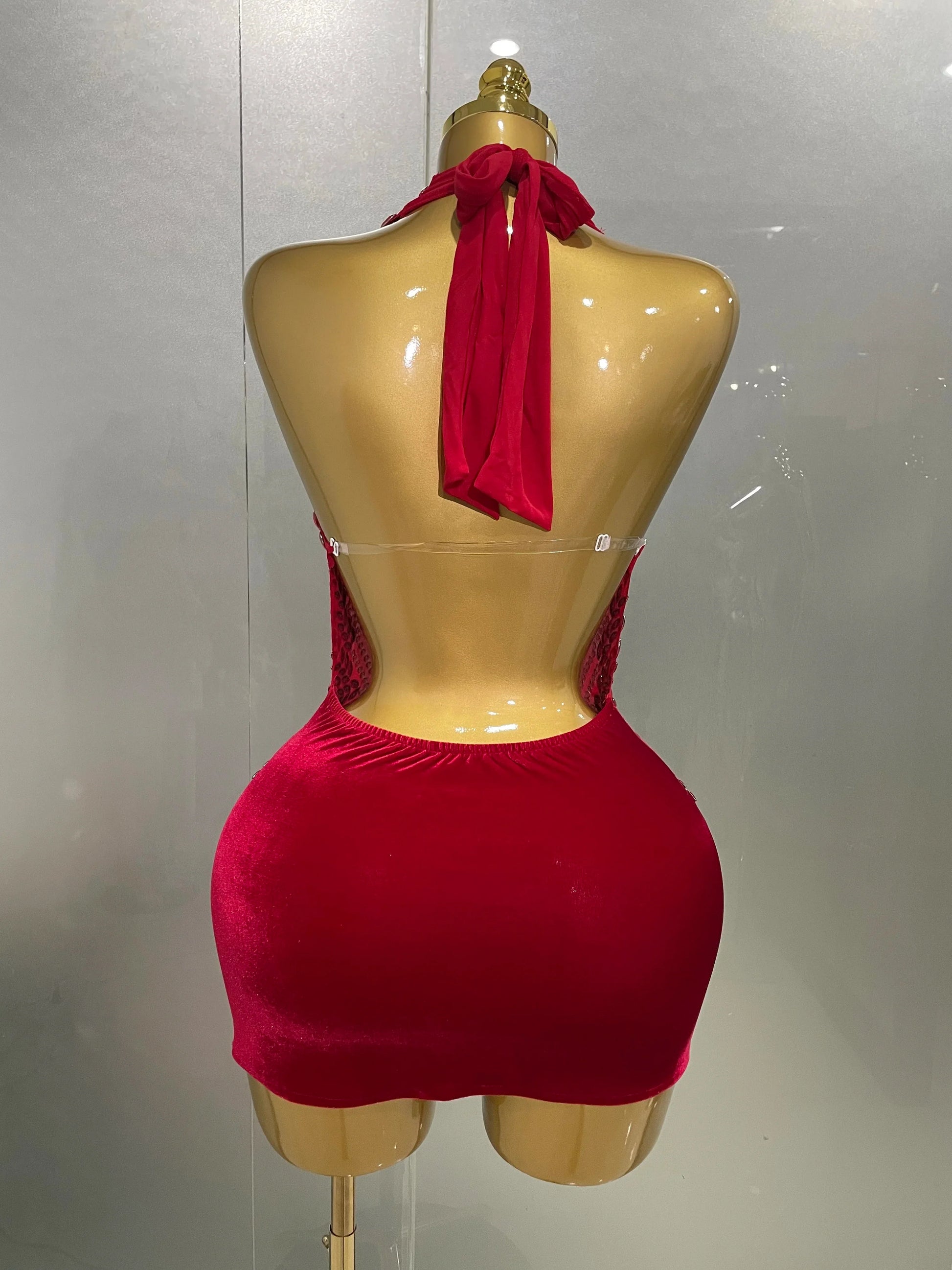 Sexy Sparkly Rhinestones Halter Backless Mesh Velour Short Dress Women Evening Prom Celebrate Birthday Party Stage Wear