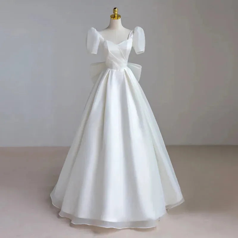 French Luxury White Satin Maxi Wedding Dresses for Bride Elegant Sexy Slim Puff Sleeve Long Prom Party Dress Women vestidos White Floor length | cn