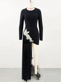Sexy Women's Asymmetric Dresses O-neck Long Sleeve Diamond Decoration Bodycon Mini Dress Cocktail Evening Party Vestidos black
