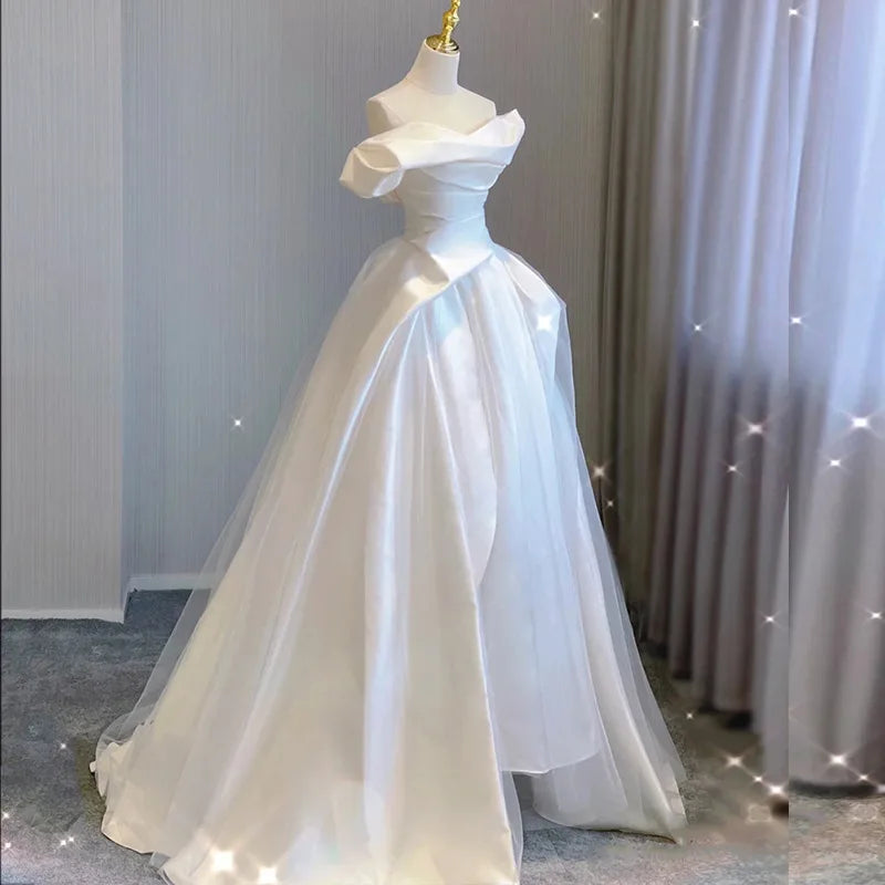 Mewah Prancis Putih Satin Trailing Pengantin Pengantin Sexy off Shoulder Backless Ball Gown Wedding Evening Prom Wanita Gaun Wanita