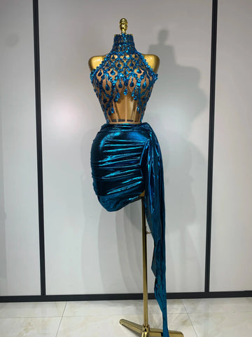 Luxury Rhinestone Sequined Backless Sexy Top Skirt Set Celebrate Evening Party Prom Gowns Nightclub Singer Stage Outfit Blue