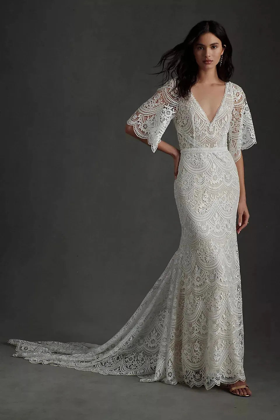 Modern Half Sleeves V-neck Full Lace Mermaid Wedding Dresses Sweep Train Custom Made Formal Bridal Grown Rode De Morrie