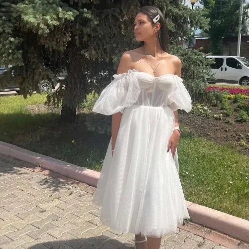White A Line Midi Bridals Dresses Off Shoulder Sweetheart Bone Corset Wedding Party Dresses for Women Bride Gowns