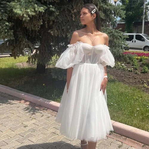 Bianco a una linea Midi Bridals si veste da spalla con spalla Abiti per feste di nozze in corsetto per le donne abiti da sposa