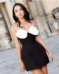 Summer Stereoscopic White Flower Spaghetti Strap Balck Mini Bandage Dress Elegant Woman Evening Party Vestido