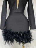 Women Fashion Sexy V Neck Long Sleeve Black Feather Mini Bodycon Bandage Dress Elegant Evening Club Birthday Party Dress