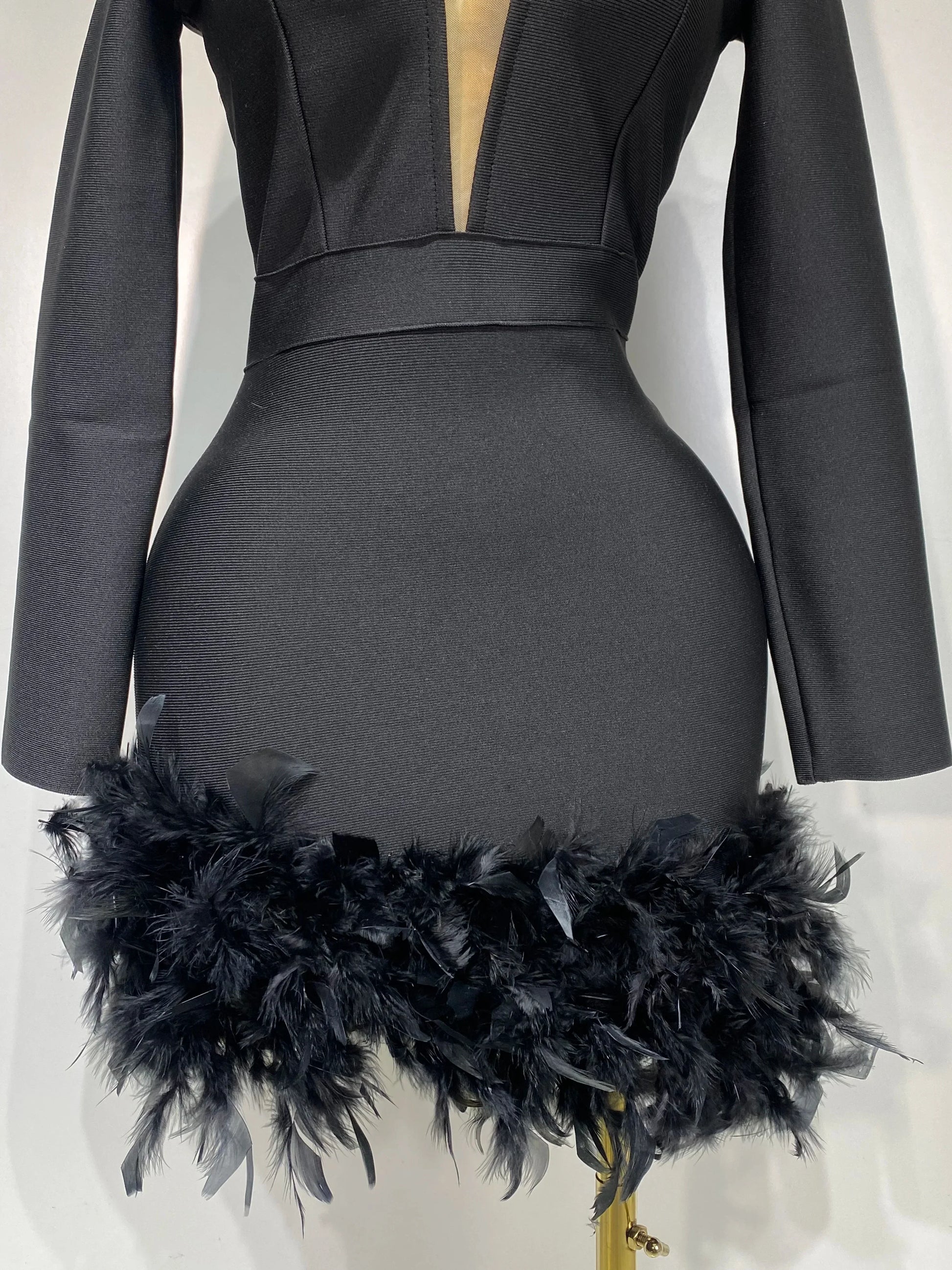 Women Fashion Sexy V Neck Long Sleeve Black Feather Mini Bodycon Bandage Dress Elegant Evening Club Birthday Party Dress