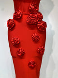 Newest Women Sexy Strapless Backless Red Flower Midi Bandage Dress Celebirty Elegant Evening Club Party Birthday Dresses