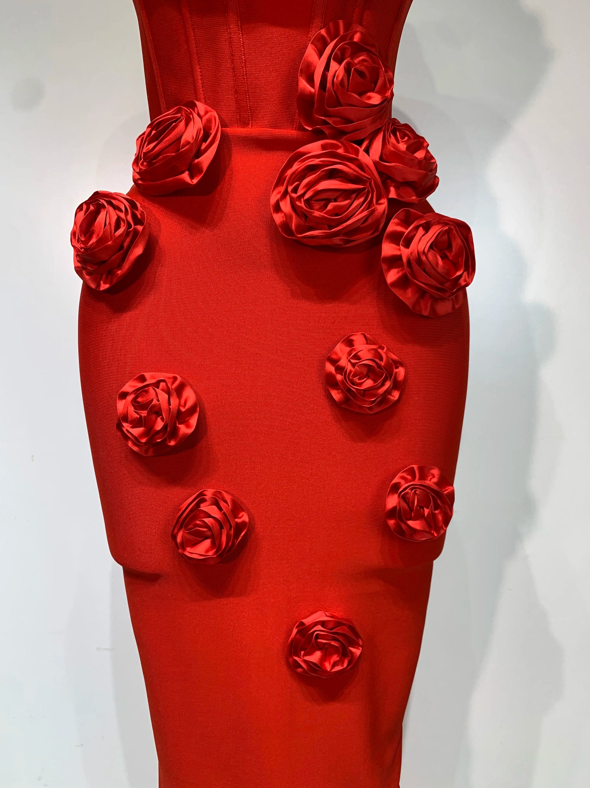 Newest Women Sexy Strapless Backless Red Flower Midi Bandage Dress Celebirty Elegant Evening Club Party Birthday Dresses