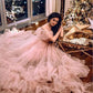 Princess Ball Gown Vestidos De Noche Sweet Off Shoulder Prom Dress Light Pink Tulle Sweep Train فساتين السهرة