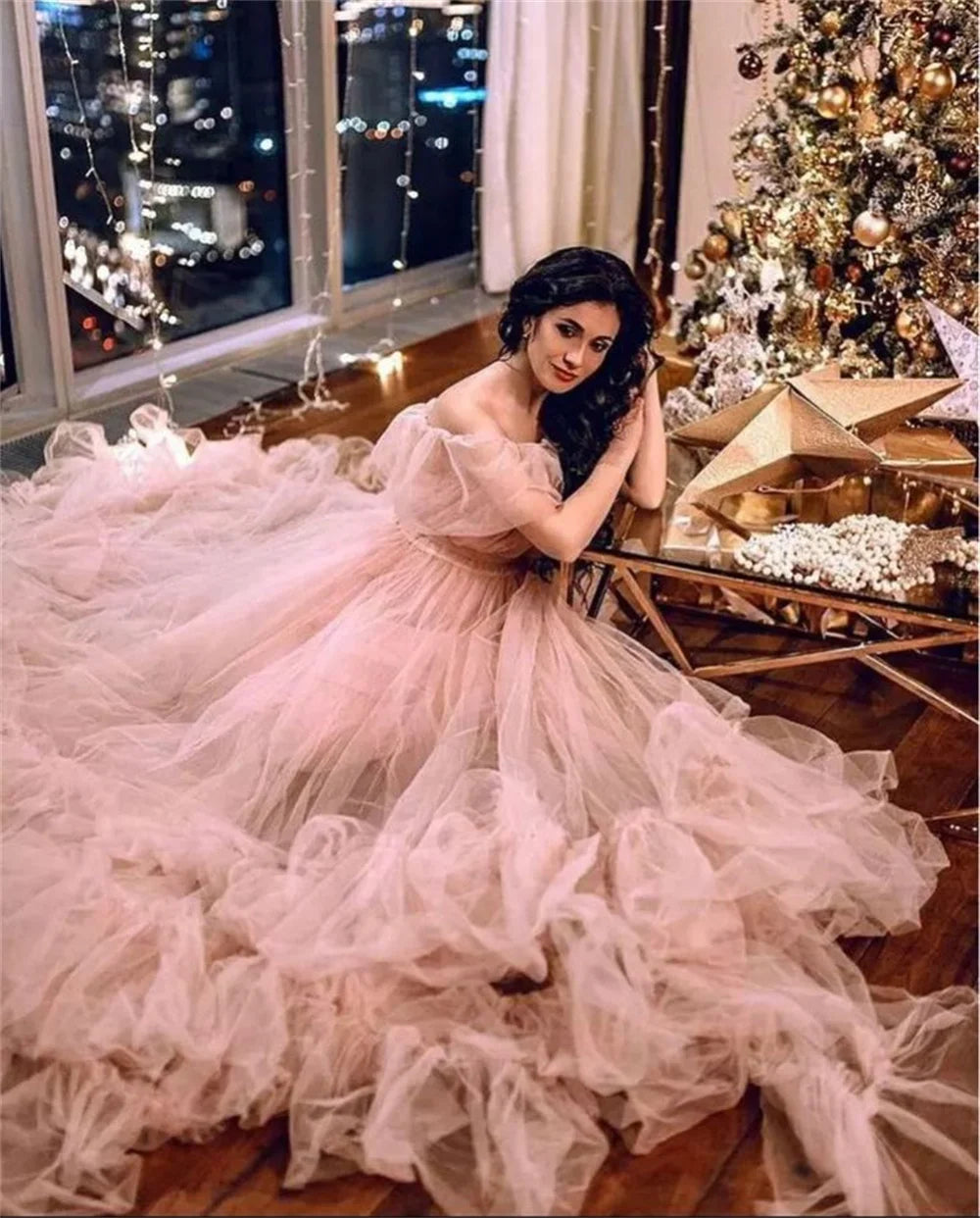 Princess Ball Gown Vestidos De Noche Sweet Off Shoulder Prom Dress Light Pink Tulle Sweep Train فساتين السهرة