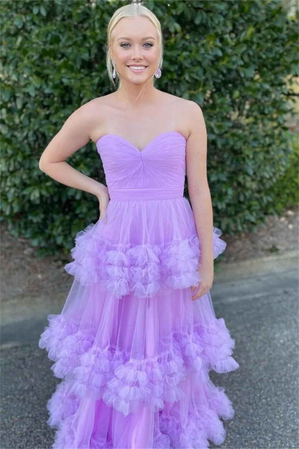 Lavender Strapless Prom Dresses Multilayer Tulle A-line فساتين السهرة Elegant Sleeveless Floor-Length vestidos verano moda