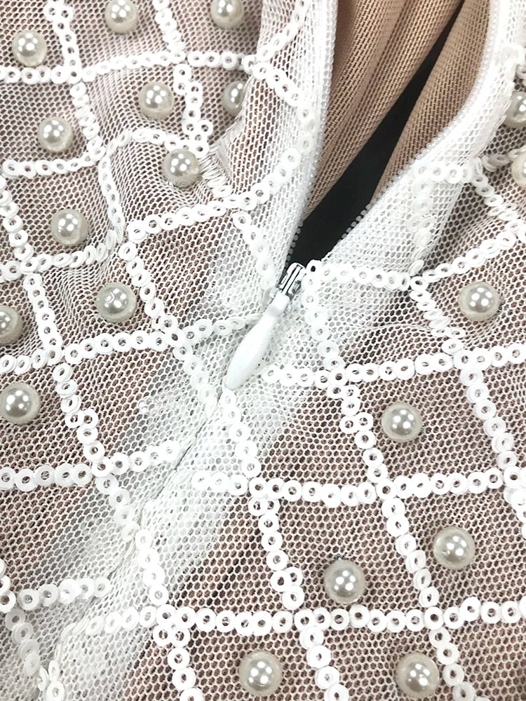 Pearl Sequins Hollow Out Short Dress For Women Sexy Long Sleeve Key Hole Bow Tie Diamond Beige Mini Evening P Diamond Beige Mini Earty Dress