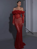 Red Structured Flower Boned Bodice Christmas Long Dress For Women Long Sleeves Sequins Mermaid Party Evening Gown