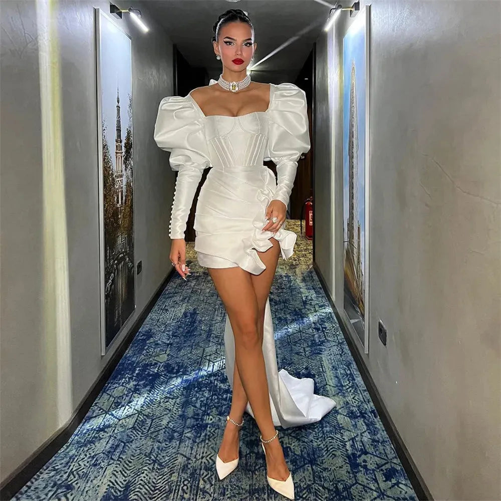 Satin Sheath Wedding Dresses For Women Mermaid Long Lantern Sleeves Pleated Above Knee vestidos novias Ivory 26w Satin