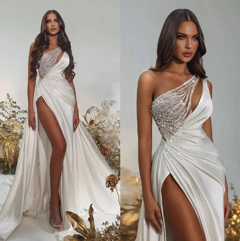 Stylish Mermaid Wedding Dresses Sequins Bridal Gowns Sweetheart Neckline Sexy Satin Side Split Sweep Train Vestido De Novia White 14w