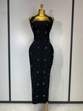 Elegant Sparkly Rhinestone Pearl Halter Backless Bodycon Bandage Long Dress Women Luxury Birthday Evening Party Gowns black